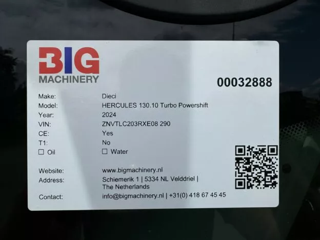 Dieci Hercules 130.10 Turbo Powershift tractor label from BIG Machinery, detailing specifications and contact info.