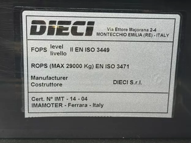 Label on Dieci machinery indicating FOPS level II (EN ISO 3449) and ROPS (max 29000 kg) standards, manufactured in Italy.